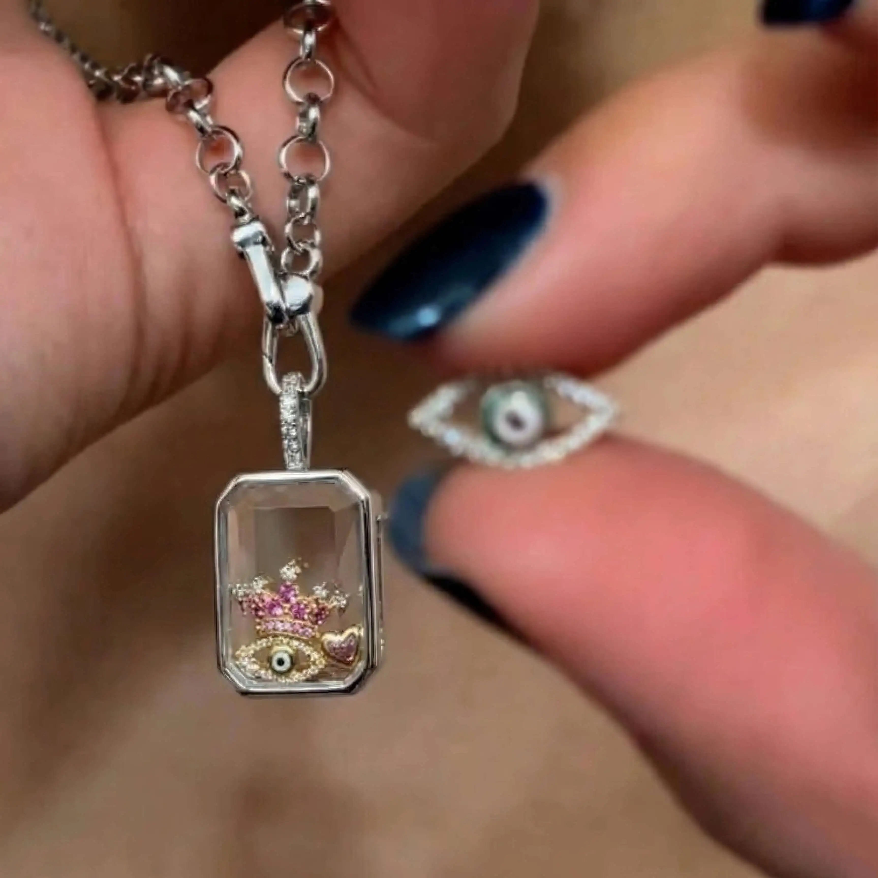 SILVER OCTA CRYSTAL LOCKET NECKLACE - Image 3